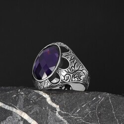 Patterned Model Amethyst Stone 925 Sterling Silver Men's Ring - 4