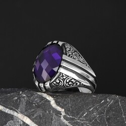 Patterned Model Amethyst Stone 925 Sterling Silver Men's Ring - 1