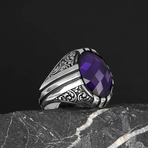 Patterned Model Amethyst Stone 925 Sterling Silver Men's Ring - 2