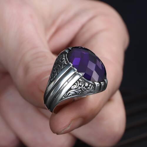 Patterned Model Amethyst Stone 925 Sterling Silver Men's Ring - 3