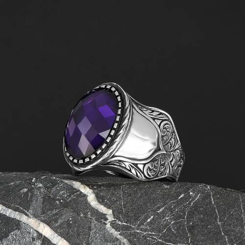 Patterned Model Amethyst Stone 925 Sterling Silver Men's Ring - 1