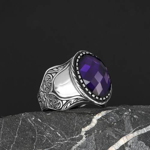 Patterned Model Amethyst Stone 925 Sterling Silver Men's Ring - 2