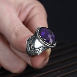 Patterned Model Amethyst Stone 925 Sterling Silver Men's Ring - 3