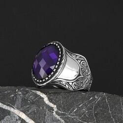 Patterned Model Amethyst Stone 925 Sterling Silver Men's Ring - 4