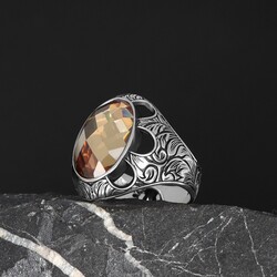 Patterned Model Citrine Stone 925 Sterling Silver Men's Ring - 1