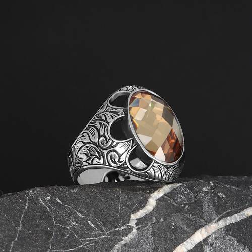 Patterned Model Citrine Stone 925 Sterling Silver Men's Ring - 2