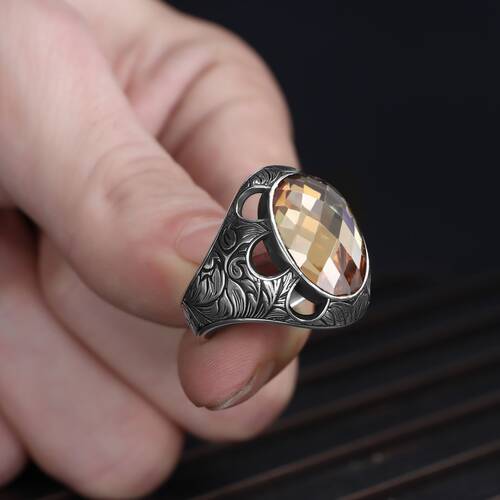 Patterned Model Citrine Stone 925 Sterling Silver Men's Ring - 3