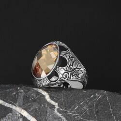 Patterned Model Citrine Stone 925 Sterling Silver Men's Ring - 5