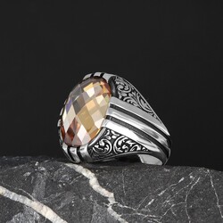 Patterned Model Citrine Stone 925 Sterling Silver Men's Ring - 1