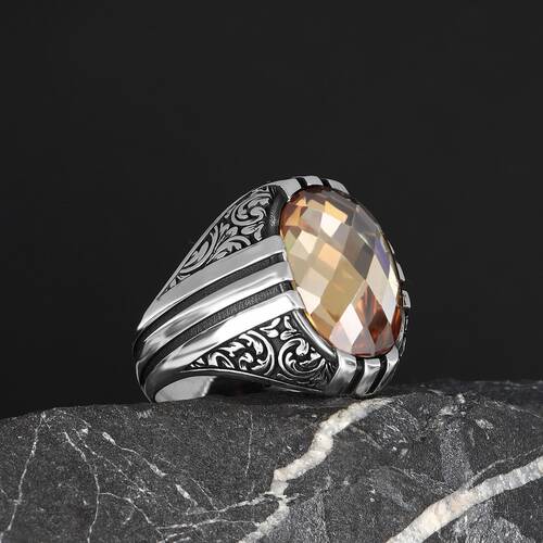 Patterned Model Citrine Stone 925 Sterling Silver Men's Ring - 2