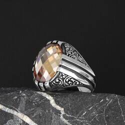 Patterned Model Citrine Stone 925 Sterling Silver Men's Ring - 5