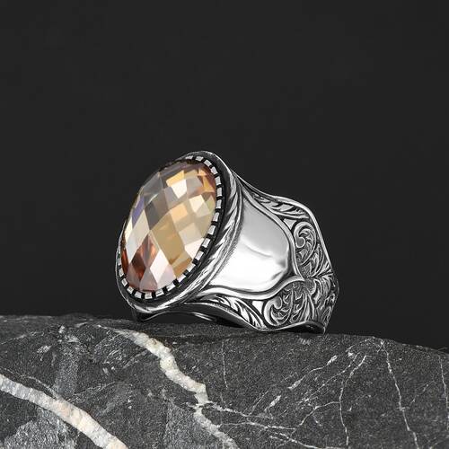 Patterned Model Citrine Stone 925 Sterling Silver Men's Ring - 1