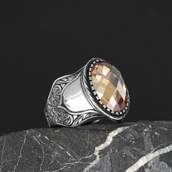 Patterned Model Citrine Stone 925 Sterling Silver Men's Ring - 2