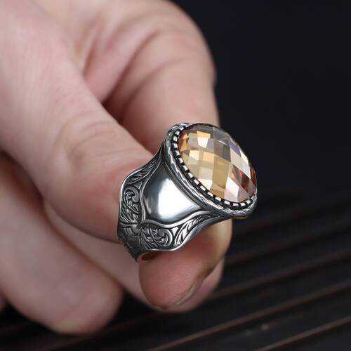 Patterned Model Citrine Stone 925 Sterling Silver Men's Ring - 3