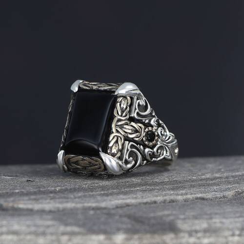 Patterned Model Onyx Stone 925 Sterling Silver Men's Ring - 1