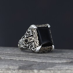 Patterned Model Onyx Stone 925 Sterling Silver Men's Ring - 2