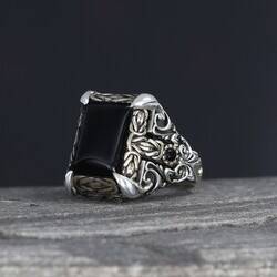 Patterned Model Onyx Stone 925 Sterling Silver Men's Ring - 4