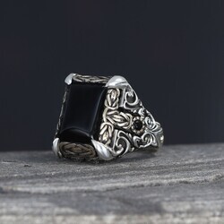 Patterned Model Onyx Stone 925 Sterling Silver Men's Ring - 5