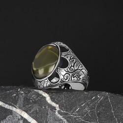 Patterned Model Peridot Stone 925 Sterling Silver Men's Ring - 1