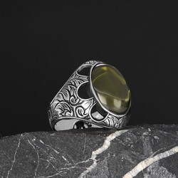 Patterned Model Peridot Stone 925 Sterling Silver Men's Ring - 2