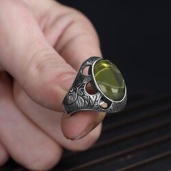 Patterned Model Peridot Stone 925 Sterling Silver Men's Ring - 3