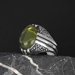 Patterned Model Peridot Stone 925 Sterling Silver Men's Ring - 1