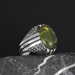 Patterned Model Peridot Stone 925 Sterling Silver Men's Ring - 2