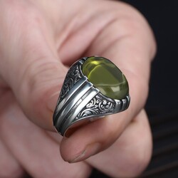 Patterned Model Peridot Stone 925 Sterling Silver Men's Ring - 3