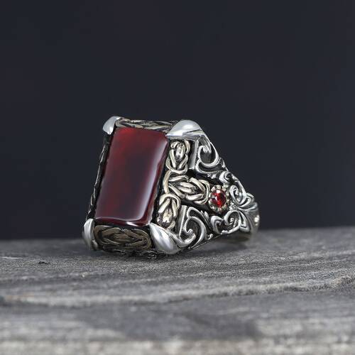 Patterned Model Red Agate Stone 925 Sterling Silver Men's Ring - 1