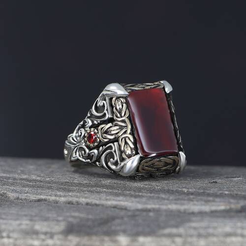 Patterned Model Red Agate Stone 925 Sterling Silver Men's Ring - 2