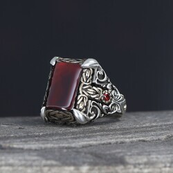 Patterned Model Red Agate Stone 925 Sterling Silver Men's Ring - 4