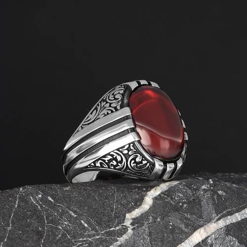 Patterned Model Red Agate Stone 925 Sterling Silver Men's Ring - 1