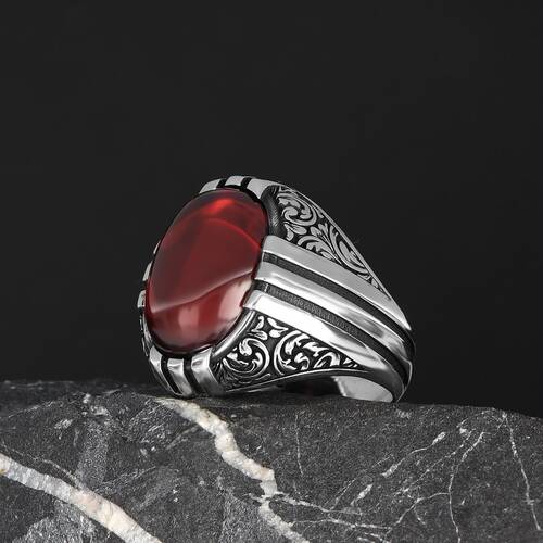 Patterned Model Red Agate Stone 925 Sterling Silver Men's Ring - 2