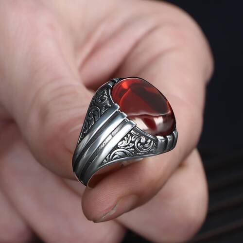 Patterned Model Red Agate Stone 925 Sterling Silver Men's Ring - 3