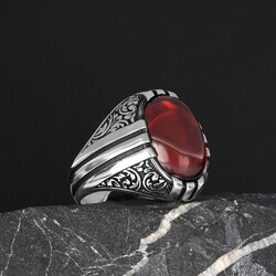 Patterned Model Red Agate Stone 925 Sterling Silver Men's Ring - 4