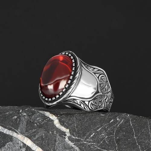 Patterned Model Red Agate Stone 925 Sterling Silver Men's Ring - 1