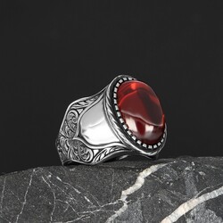 Patterned Model Red Agate Stone 925 Sterling Silver Men's Ring - 2