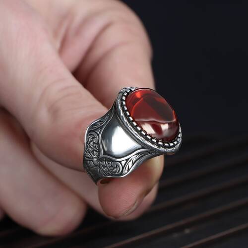 Patterned Model Red Agate Stone 925 Sterling Silver Men's Ring - 3