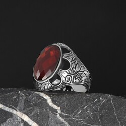 Patterned Model Red Zircon Stone 925 Sterling Silver Men's Ring - 1