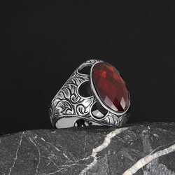 Patterned Model Red Zircon Stone 925 Sterling Silver Men's Ring - 2