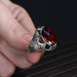 Patterned Model Red Zircon Stone 925 Sterling Silver Men's Ring - 3