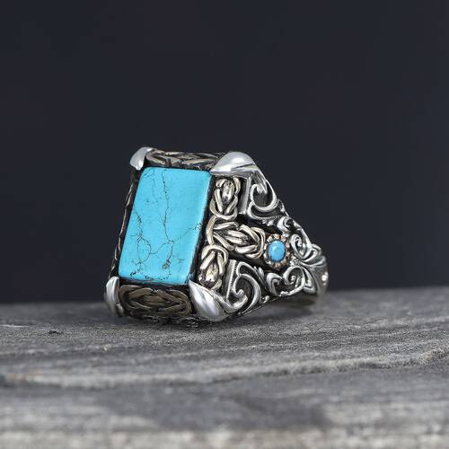 Patterned Model Turquoise Stone 925 Sterling Silver Men's Ring - 1