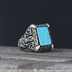 Patterned Model Turquoise Stone 925 Sterling Silver Men's Ring - 2