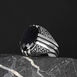 Patterned Model Zircon Stone 925 Sterling Silver Men's Ring - 4