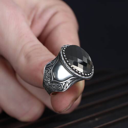 Patterned Model Zircon Stone 925 Sterling Silver Men's Ring - 2