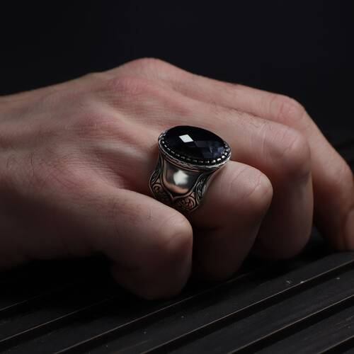 Patterned Model Zircon Stone 925 Sterling Silver Men's Ring - 3