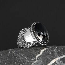 Patterned Model Zircon Stone 925 Sterling Silver Men's Ring - 4