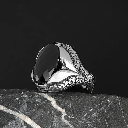 Patterned Model Zircon Stone 925 Sterling Silver Men's Ring - 1