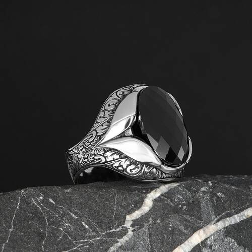 Patterned Model Zircon Stone 925 Sterling Silver Men's Ring - 2