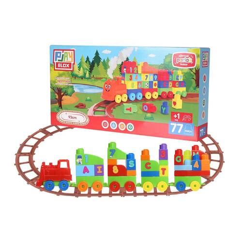 Play Blox Toy Train Set 77 Pieces Numbers and Alphabet Train Bright Colors Mega Block Set - 1